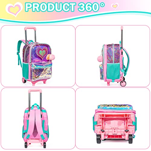 Meetbelify Girls Rolling Backpack Sequin Rolling Backpacks with Wheels for Girls for Elementary School Bag - color: Pink Love