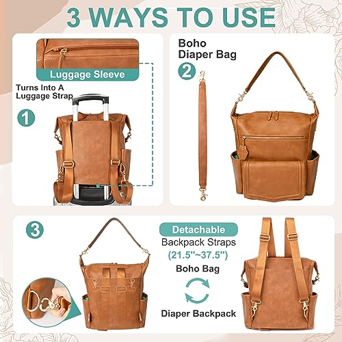 MOMINSIDE Diaper Bag Backpack Leather Convertible Baby Backpack Diaper Bag Hobo, Large Mom Baby Bag Hospital Bag,14 Pockets,Brown - color: Brown