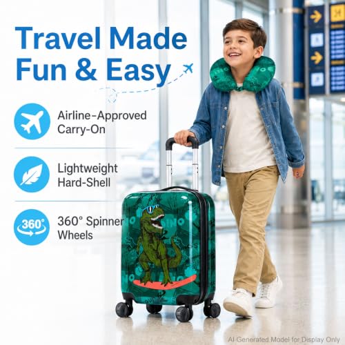 2PC Kids Luggage Set, Boys Carry on Suitcase with Skater Dinosaur Design - color: Blue Cool Dinosaur 2PCS Luggage Set