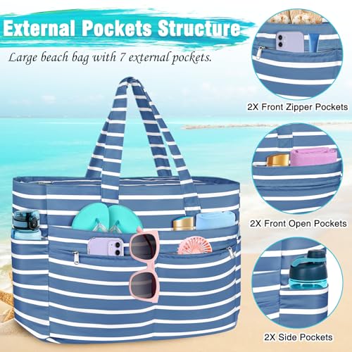 HUANLANG Extra Large Beach Bag Waterproof Beach Totes Bags for Women Men,Pool Bag with Zipper Wet Pocket - color: Gray and Blue