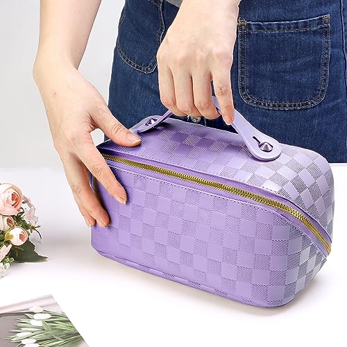 ALEXTINA Travel Makeup Bag, PU Leather Cosmetic Bag, Purple - color: checkered purple, size: Medium