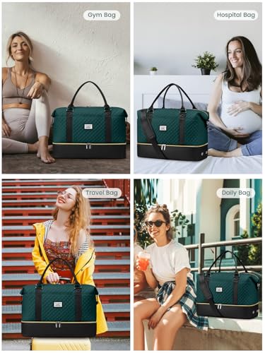 Travel Weekender Duffle Bags for Women: Overnight Bags with Shoe Compartment Large Carry on Weekend Bag with Toiletry Bag & Wet Pocket Tote Duffel Hospital Bag for Women Labor Delivery Black Green - color: 1-Black Green