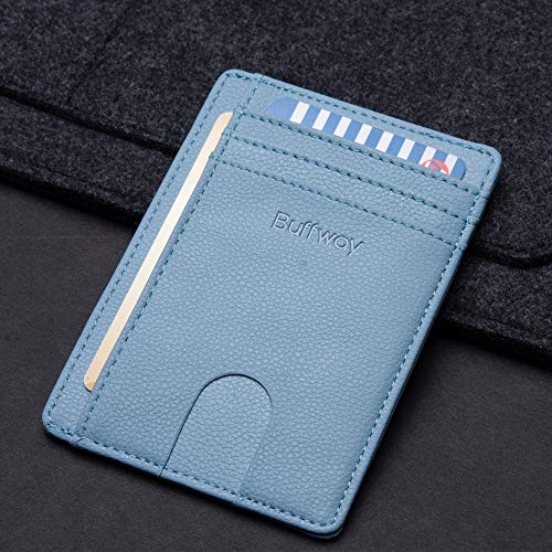 Buffway Slim Minimalist Front Pocket RFID Blocking Leather Wallets for Men and Women - Lichee Blue Grey - color: Lichee Blue Grey