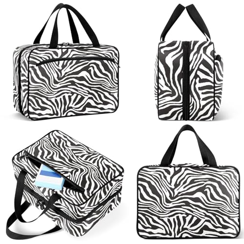 Travel Toiletry Bag for Woman/Men, Modern Wild Animal Zebra Skin Black and White Hanging Organizer Bag with Pockets Portable Folding Travel Case Bags for Makeup Cosmetic Toiletries Traveling-L - size: Large: 12.6 x 9.06 x 5.71 Inches, style: Black and Whi