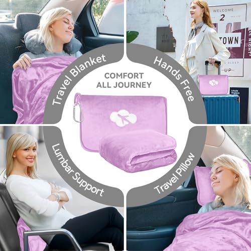 Travel Blanket and Pillow Compact, Premium Soft 2 in 1 Airplane Blanket with Soft Bag Pillowcase,Hand Luggage Sleeve and Backpack Clip (Solid Purple) - color: Purple