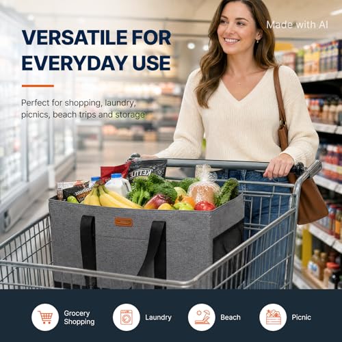 WONDAY Grey Foldable Utility Tote Bag, Reusable Grocery Bag - color: Grey