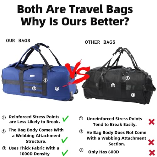 80L Travel Rolling Duffel Bag with wheels, Military Tactical Wheeled Foldable for Deployment Travel Camping Sports - color: Blue