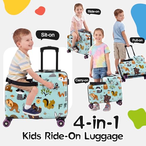 20" Kids Ride On Suitcase, Lightweight Hardshell Travel Luggage with Wheels - color: Green
