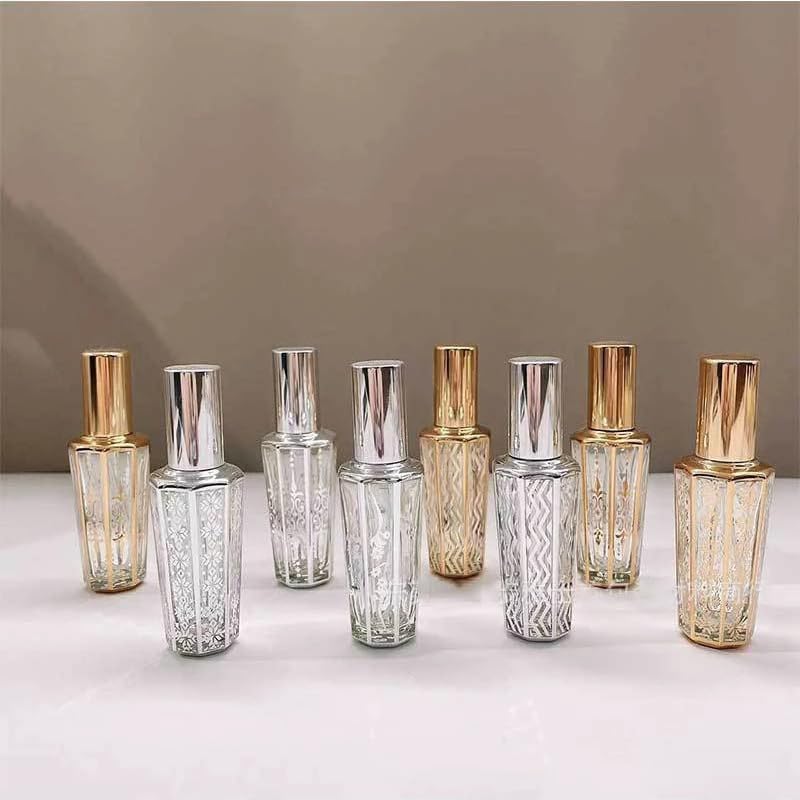 4pcs/set 15ml Random Patterns Glass Perfume Bottle Portable Refillable Empty Containers Cosmetic Spray Atomizer Travel Sub-Bottle Ultra Mist Sprayer (silver,4pcs) - color: silver, size: 0.5 Ounces