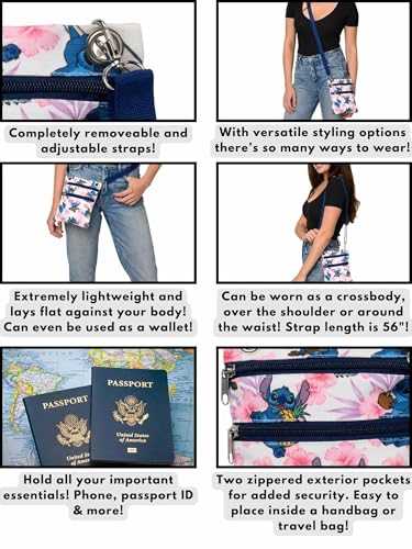 Disney Passport Bag Crossbody Mickey Minnie Eeyore Stitch Cheshire Print - color: Blue Pink