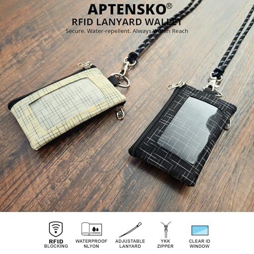 RFID 차단 여행용 지갑, 조절 가능한 랜야드 포함, 작은 나일론 지퍼 파우치 및 신분증, 신용 카드, 현금, 열쇠, 통근자용 배지 홀더, 블랙+., 끈이 달린 RFID 차단 여행용 지갑 - color: 블랙+.