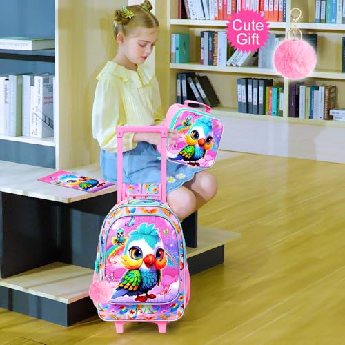 WZLVO 4PCS Rolling Backpack for Girls, Kids Roller School Bookbag with Lunch Bag, Water Resistant Wheeled Backpacks for Teens Elementary Trave - color: Pink Parrot