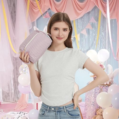 Narwey Travel Makeup Bag Toiletry Bag, Wide Open Cosmetic Bag for Women - color: D-Dusty Rose Stripe, size: Small