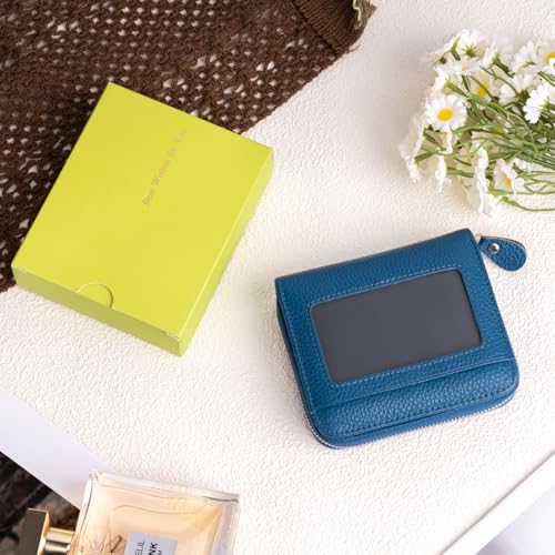 XINNSTAR Genuine Small Wallet for Women, Slim RFID Blocking Credit Card Holder with ID Window, Compact Purses for Women with 9 Card Slots - color: Blue