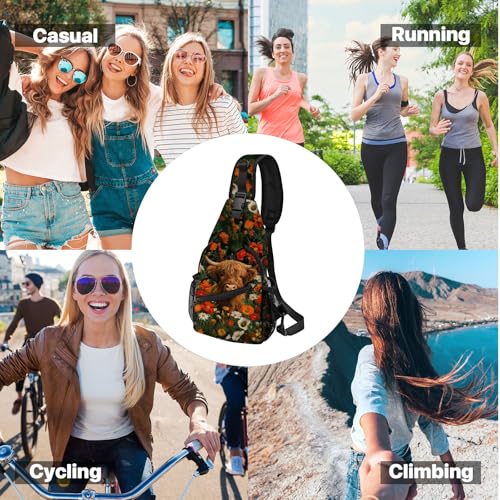 Yrebyou Highland Cow Sling Bag for Women Lightweight Crossbody Backpack with Adjustable Strap Casual Daypack Roomy Capacity Breathable for Travel Work Daily Use - color: Bronze