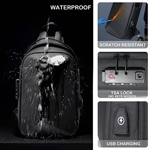 FENRUIEN Anti-Theft Crossbody Sling Backpack Bag for Men Hard Shell with USB, Shoulder Pack Lock Waterproof 10.2 inch Single Strap for Travel Hiking