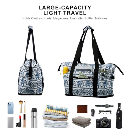 Expandable Duffel Bag for Women with Trolley Sleeve/Wet Pocket Weekender Travel Tote Large Carry On Overnight Luggage - color: Elephant