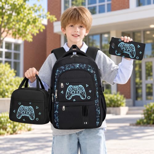 ACESAK Gmaer Backpack for Boys - Boy Backpack Schoolbag with Lunch Bag Set - color: Black Game Console