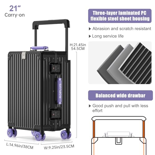 ROPLUS Aluminium Frame Checked-Luggage with Smooth Jelly Wheels, Hardside Zipperless Rolling Suitcase with TSA Lock (BlackPurple, 24-Inch) - color: Black& Purple, size: 24 inch