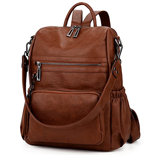 UTO Women Backpack Purse Leather Vegan Rucksack Travel Shoulder Bag - color: 0454 New Brown Medium