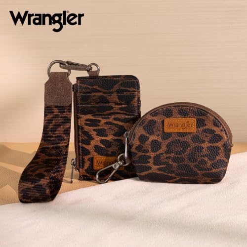 Wrangler Keychain Wristlet Wallets for Women Western Dual Pouch Wristlet Credit Card Holder Wallet - color: Full Leopard Coffee