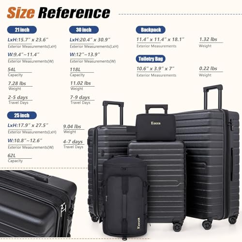 Eeeza Luggage Sets 5 Piece,Hardside Expandable Durable Luggage,21"/25"/30" - color: Black