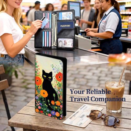 Passport Wallet for Women,Travel Wallet Passport Holder RFID Blocking - color: Black Cat Wildflower