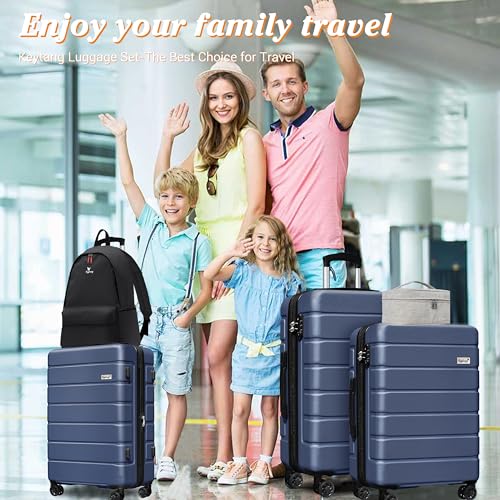 KEYTANG Explorer Luggage Set, Lightweight Hardside Suitcase, Expandable Carry-On Luggage with Travel Backpack & Cosmetic Makeup Bag, 5-Piece Set (20in/24in/28in), Navy Blue - color: Navy Blue, size: 001-5PCS
