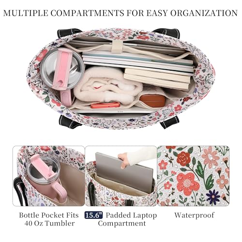 Tote Bag for Women with LaptopCompartment & Cup Holder - color: Pastel Flowers