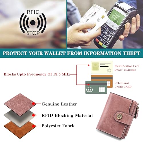 FALAN MULE Small Wallet for Women Leather Bifold Compact Small Womens Wallet with RFID Blocking - color: Rouge pink