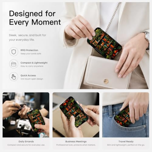 Credit Card Holder Bookshelf Botanical Mini Aluminum Wallet | ABS Business ID Case,Hard Case Large Capacity 6 Slots, Waterproof Durable ,Secure Closure Slim Small Credit Card Protector - color: Bookshelf Botanical