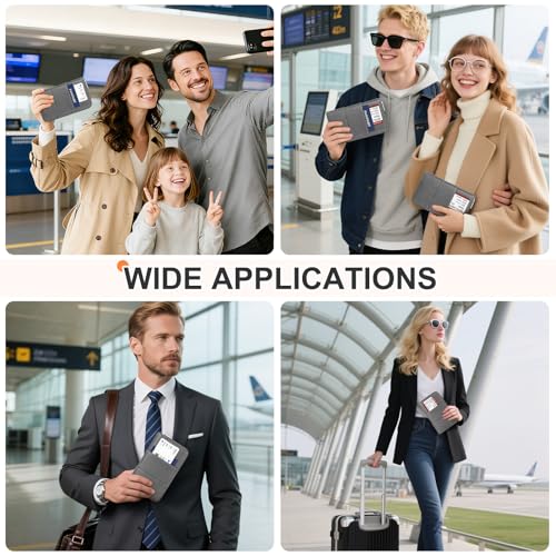 RFID Family Passport Holder Wallet - Travel Document Organizer | PU Leather, with Wristlet, Zipper, Cards, Boarding Pass, ID, Cash, Ticket Pockets,Travel Essentials Gifts for Women Men - color: Grey