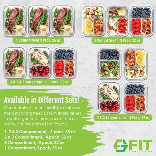 Glass Meal Prep Containers 1 & 2 & 3 Compartments, Airtight, 35 oz, 3 Pack - color: Black (1,2,3 compartment - 3 pack, 35oz)