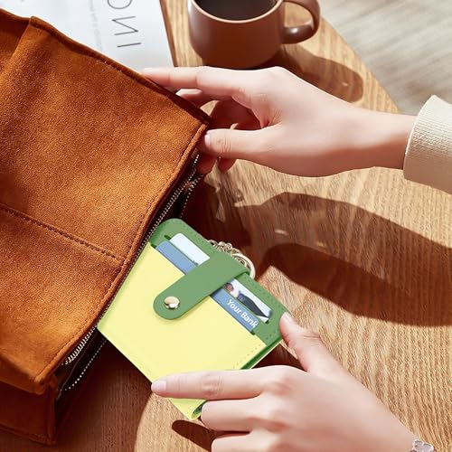Airkit Small Wallet Women RFID, PU Leather Card Holder with Keychain - color: Light Yellow & Matcha Green