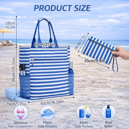 Waterproof Foldable Tote Bag for Travel – Large Carry-On with Zipper Pocket for Beach, Gym, Airplane & Weekend Trips - color: Blue