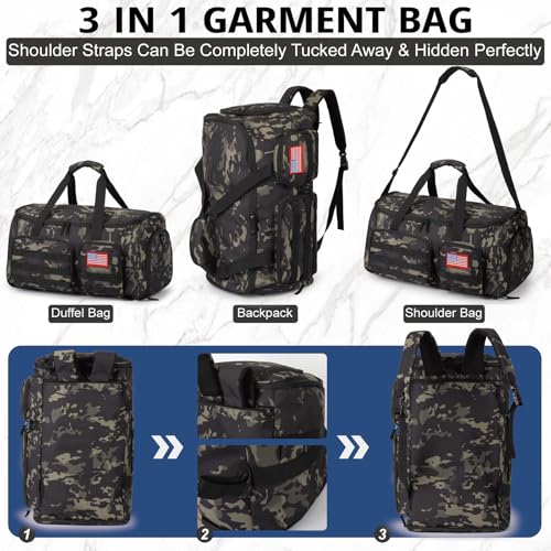 Duffle Bag for Men,55L Convertible Tactical Garment Bag for Business Trips - color: Camo Black