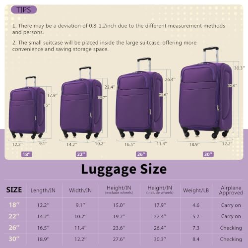 Merax Softside Luggage Set 4 Piece,18/22/26/30 Expand Suitcase,Purple - color: Purple, size: 18/22/26/30