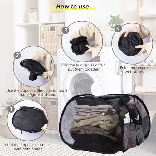 Collapsible Laundry Basket, 90L Mesh Pop-up Hamper with Handles - color: Black, size: Square-Mesh,1 Pack