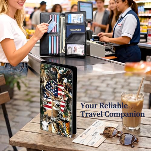 Passport Wallet for Women,Travel Wallet Passport Holder RFID Blocking - color: Camo Camouflage Deer Flag