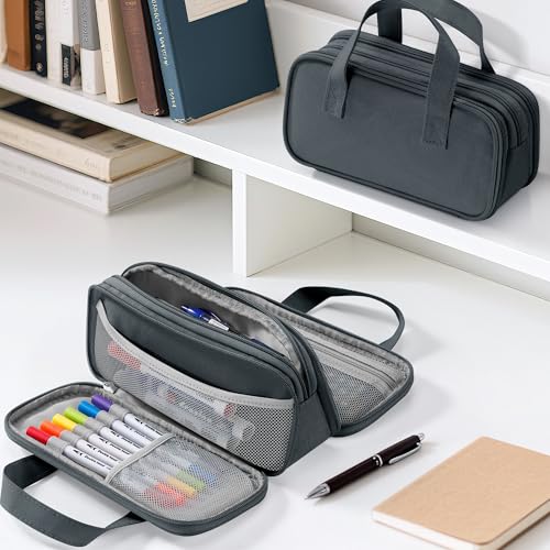 Zannaki Large Pencil Case, Big Capacity Pencil Pouch Pen Bag with 3 Compartment, Portable Canvas Stationery Organizer with Zipper, Cute Aesthetic School Supplies for Teen Girls Boys College,Gray - color: GRAY