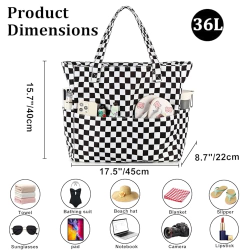 LEDAOU Large Beach Bag for Women, Waterproof Sandproof Tote Bag with Zipper - color: Black White Grid