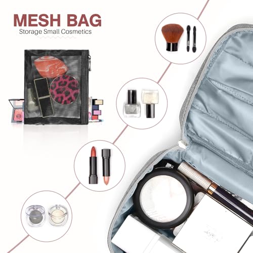 Large Makeup Bag Travel Makeup Cosmetic Bag Case Organizer Makeup Pouch with Mesh Bag Makeup Brush Holder Bag Toiletry Bags for Women - Grey - color: Grey