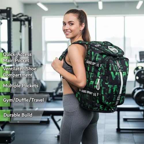 Gym Duffle Bag Backpack,4‑Way Waterproof with Shoe Compartment Travel Hiking Laptop - color: Green