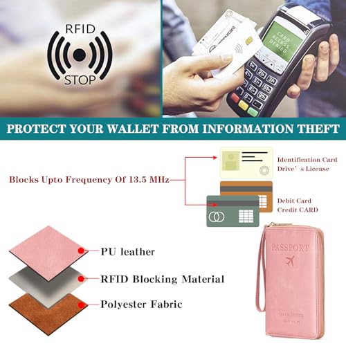 Leather RFID Blocking Passport Holder Travel Wallet, Passport Cover/Travel Wallet for Women/Men with - color: Light Pink