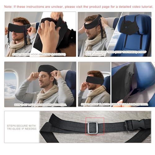 Travel Pillows for Airplanes, Airplane Head Strap with Silk Eye Mask for Sleeping, Long Flights & Car Road Trips 360°Headrest Neck Support, Stops Bobbing, Small & Compact(Black) - color: Black
