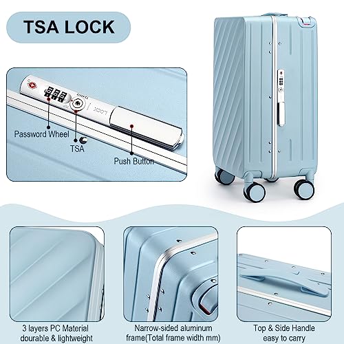 Somago Carry On Luggage Wide Handle 20 Inch Suitcase with Front Compartment Aluminum Framed PC Hardside 22x14x9 No Zipper Business Baggage with Spinner Wheels USB Charging Port TSA Lock - color: Light Blue, size: Standard 20 inch