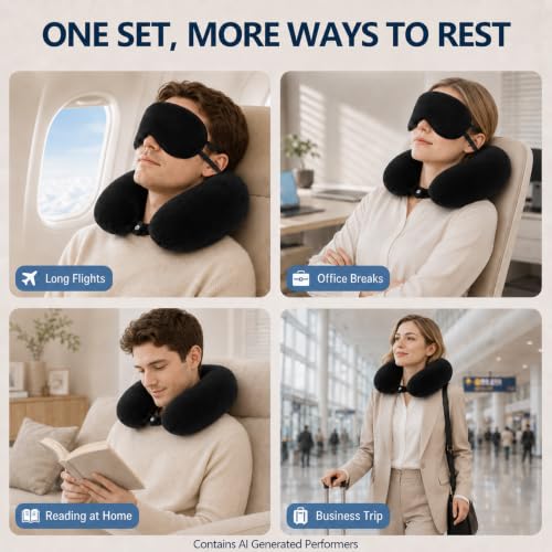 RAINFLOW Travel Neck Pillow Set - Black Memory Foam Cushion with Eye Mask - color: Black