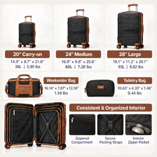 Cobens Luggage Sets 5 Piece, Suitcases with Wheels, 20"/24"/28",Black - color: Black, size: 5 Piece Sets (20/24/28/DB/TB)