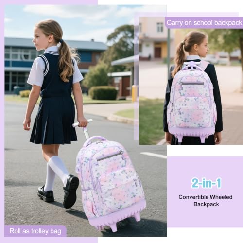 ACESAK Rolling Backpack for Girls with Lunch Bag & Pencil Pouch - color: Purple Floral