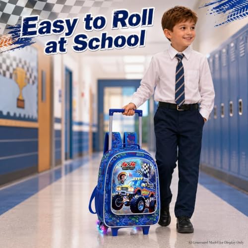 3Pcs Truck Rolling Backpack for Boys, Kids Wheel Backpack with Lunch Box, Lightweight Roller Backpack with Light-Up Wheels for Elementary Preschool Kindergarten (Blue) - color: Truck Blue